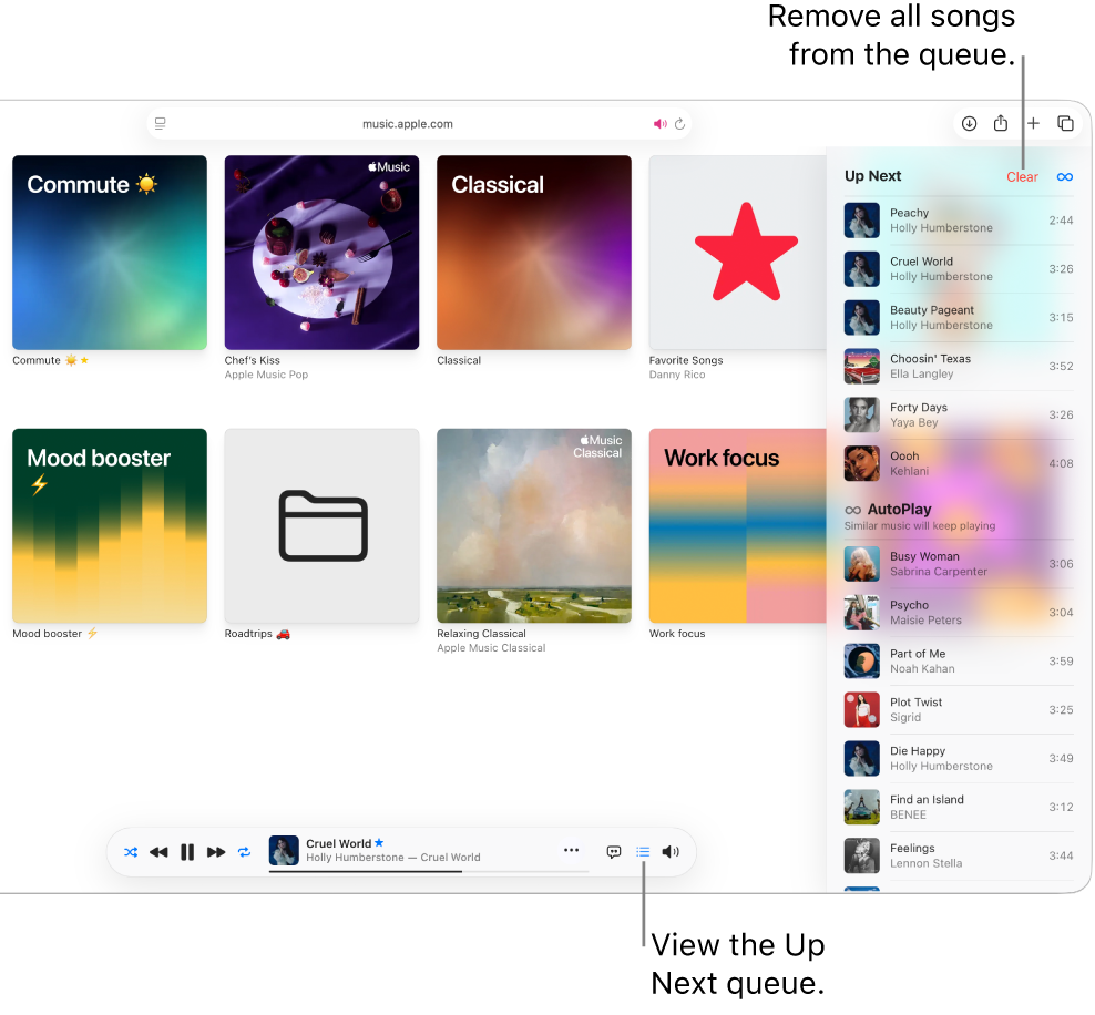 A song is playing in Apple Music. The Up Next button at the top-right corner is selected and the queue is visible. 