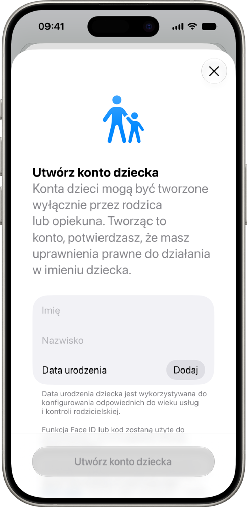 Ekran Tworzenie konta dziecka z&nbsp;widocznymi opcjami pozwalającymi dodać imię, nazwisko oraz datę urodzenia.
