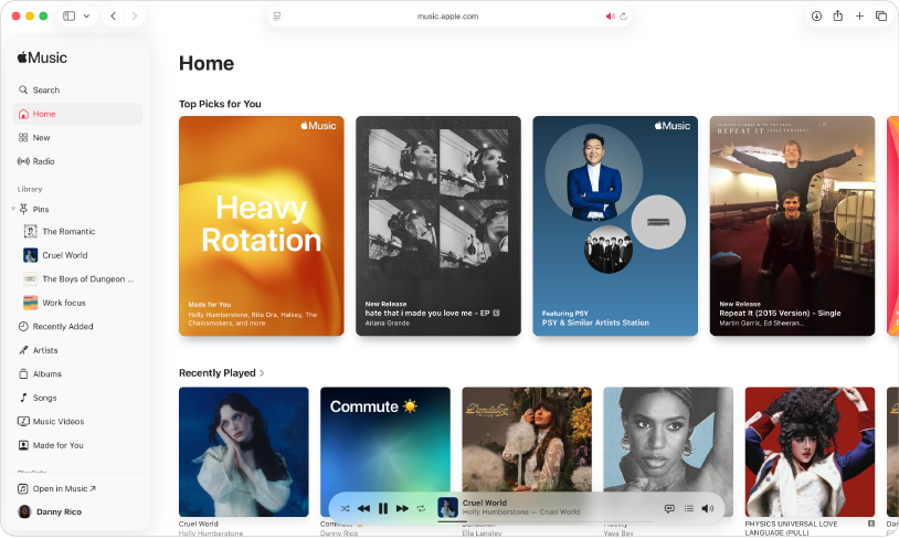 The Apple Music window in Safari showing the Home screen.