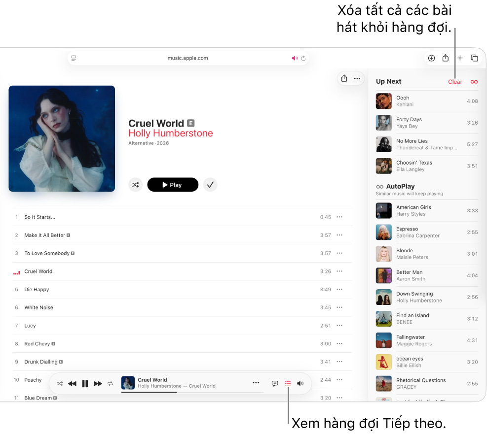 Một bài hát đang phát trong Apple Music. Nút Tiếp theo ở góc trên cùng bên phải được chọn và hàng đợi hiển thị.