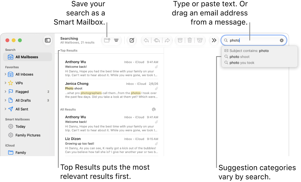 The mailbox being searched is highlighted in the sidebar. You can type or paste text into the search field, or drag an email address from a message. As you type, suggestions appear below the search field. They are organized into categories, such as Subject or Attachments, depending on your search text. Top Hits puts the most relevant results first.