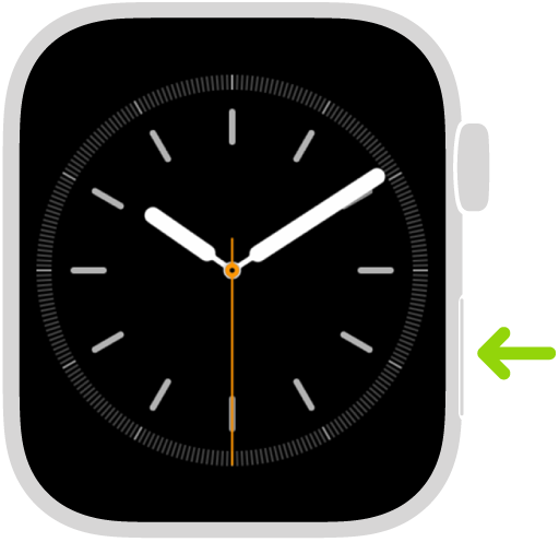 Illustration of Apple&nbsp;Watch with an arrow pointing to the side button at lower right.