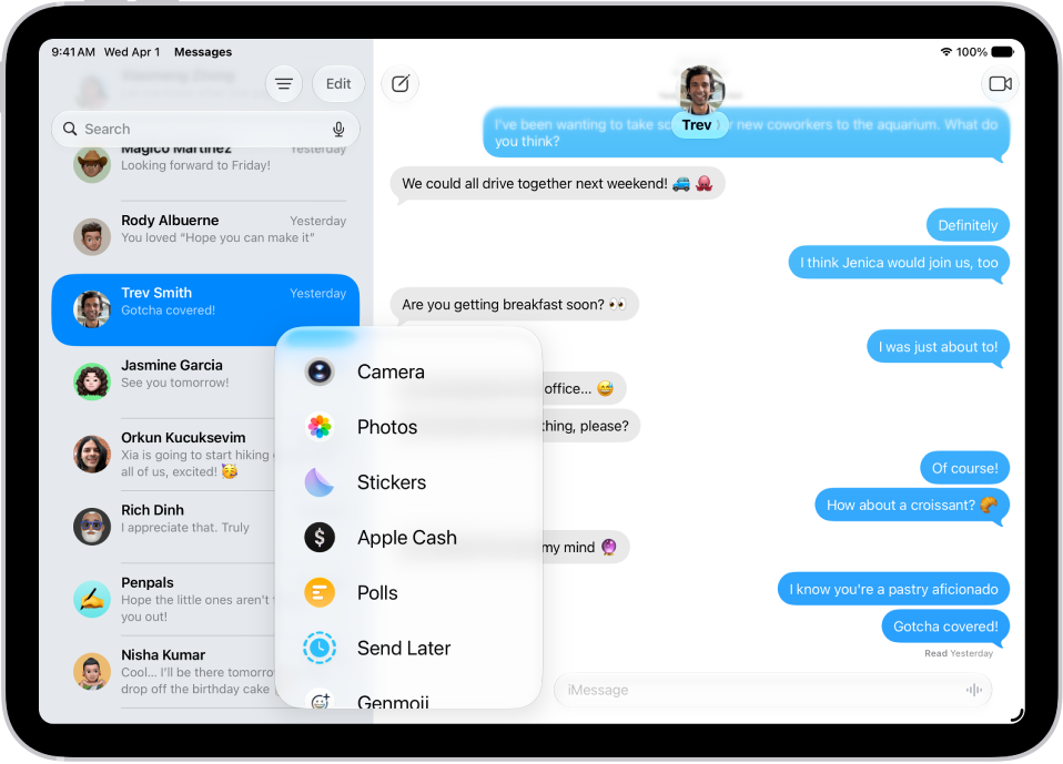 The Add menu in Messages on iPad, showing iMessage options like photos, polls, and scheduled send.