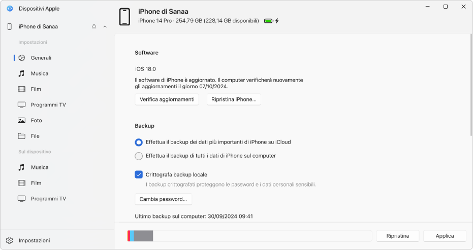 Un dispositivo selezionato nella barra laterale e le opzioni di sincronizzazione visualizzate nella finestra.