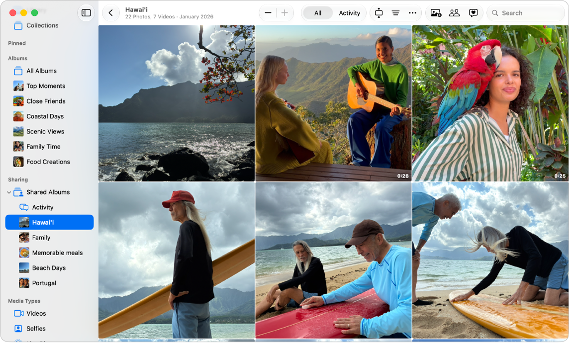 The Photos window showing For Your Shared Library selected in the sidebar and suggested photos to add to the shared library on the right.