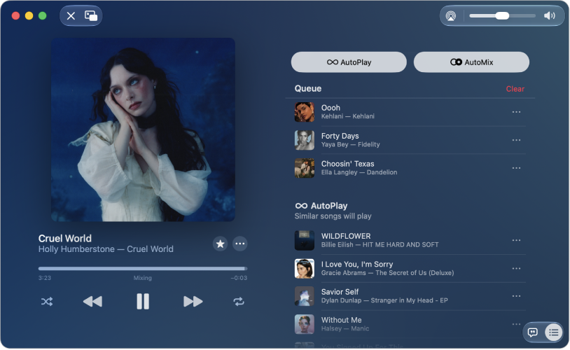 The Apple Music full-screen window showing Now Playing on the left, with AutoMix turned on. The queue and Continue Playing are on the right.
