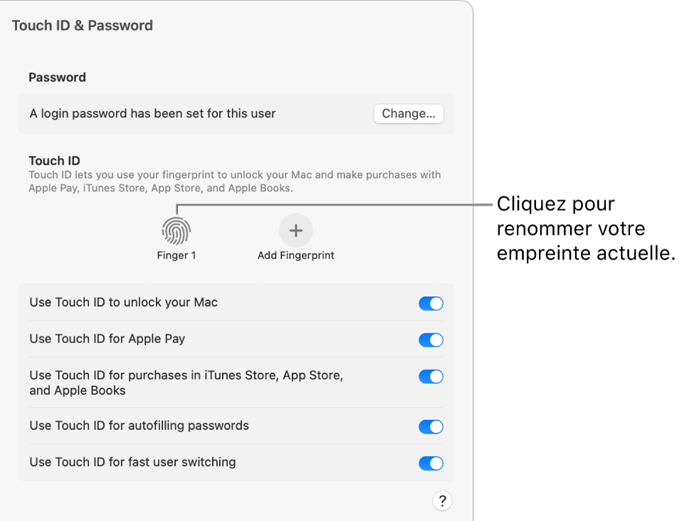 Réglages «&nbsp;Touch&nbsp;ID et mot de passe&nbsp;» indiquant qu’une empreinte est prête à être utilisée pour déverrouiller le Mac.
