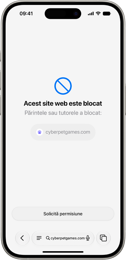 Ecranul „Cerere de navigare” afișând un site web blocat în Safari, cu o opțiune pentru a solicita permisiunea de a‑l vizualiza.