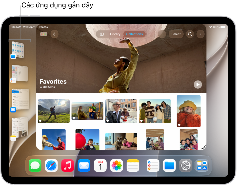 Màn hình iPad với Quản lý màn hình được bật. Cửa sổ hiện tại ở phía trước và các ứng dụng gần đây khác nằm trong một danh sách ở bên trái của màn hình.