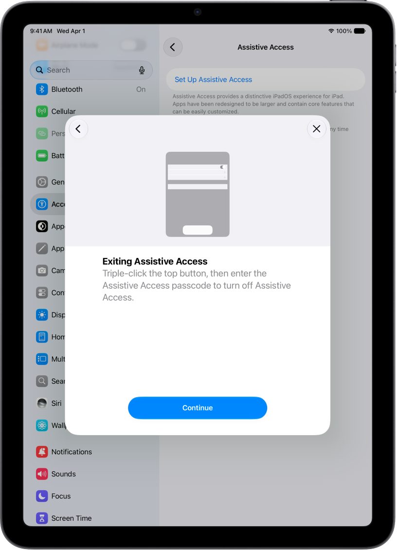 An iPad with a screen explaining how to exit Assistive Access.