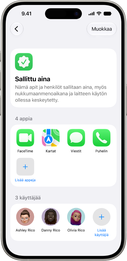 Ruutuaika-asetusten Sallittu aina -näyttö, jossa näkyvät aina sallitut apit ja yhteystiedot.
