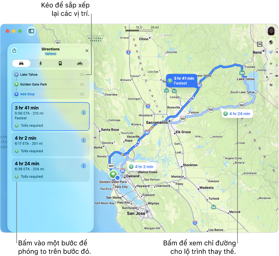 Một bản đồ với lộ trình lái xe giữa hai vị trí ở California. Các lộ trình thay thế cũng được hiển thị trên bản đồ.
