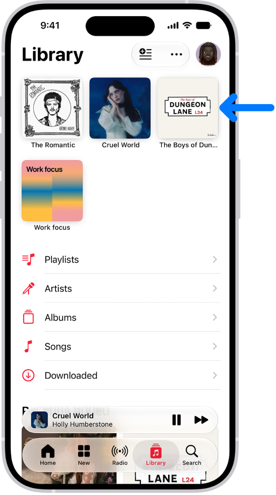 The Library tab with an arrow pointing out pinned items, such as an album and a playlist, at the top.