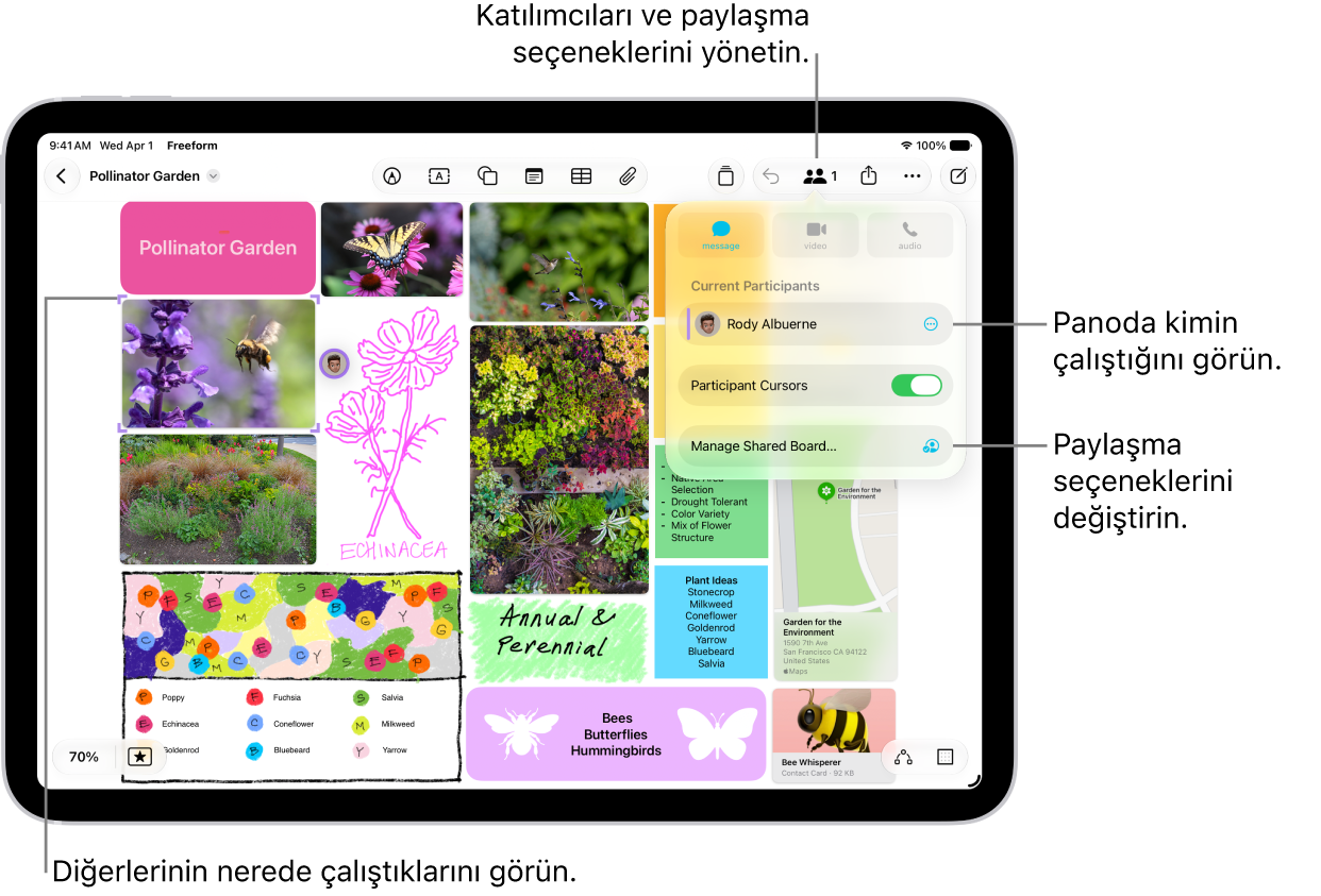iPad’de ortak çalışma menüsü açık durumda, paylaşılan bir Freeform panosu ve renkli onay işaretleri ile işaretlenmiş panoda başka katılımcıların konumu.
