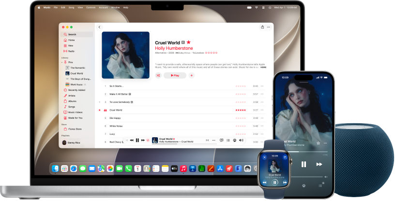 A song playing on a Mac, iPhone, and Apple Watch, with a HomePod.