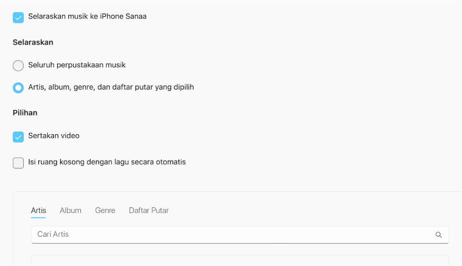 Kotak centang “Selaraskan musik ke perangkat” muncul dengan pilihan tambahan untuk menyelaraskan seluruh perpustakaan Anda atau hanya musik yang dipilih dengan video dan memo suara.