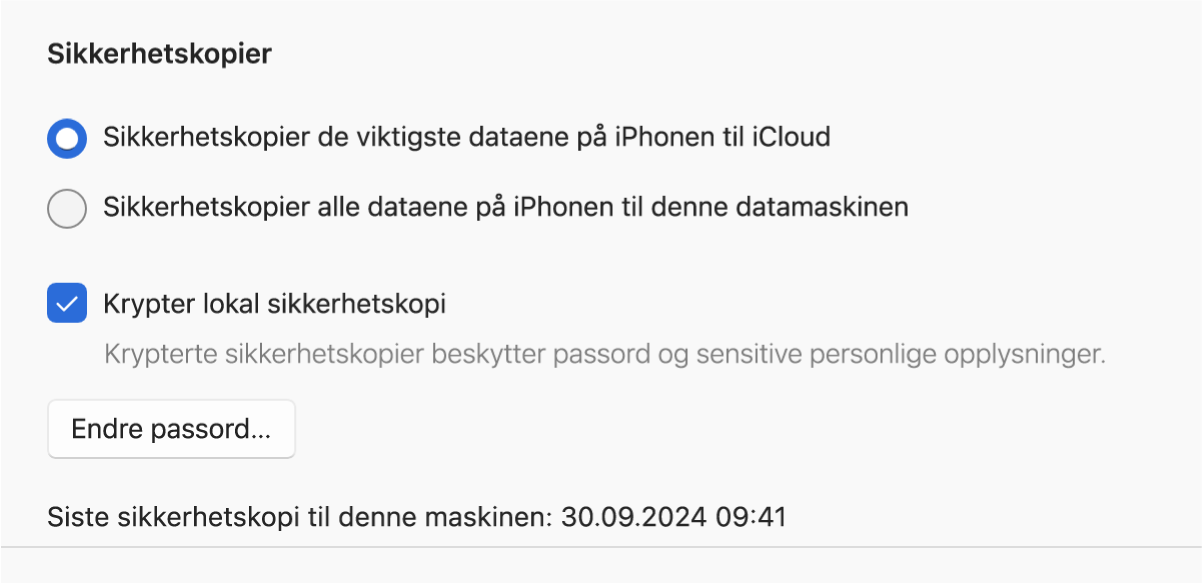 Et vindu i appen Apple-enheter som viser valg for sikkerhetskopiering og gjenoppretting av en Apple-enhet.