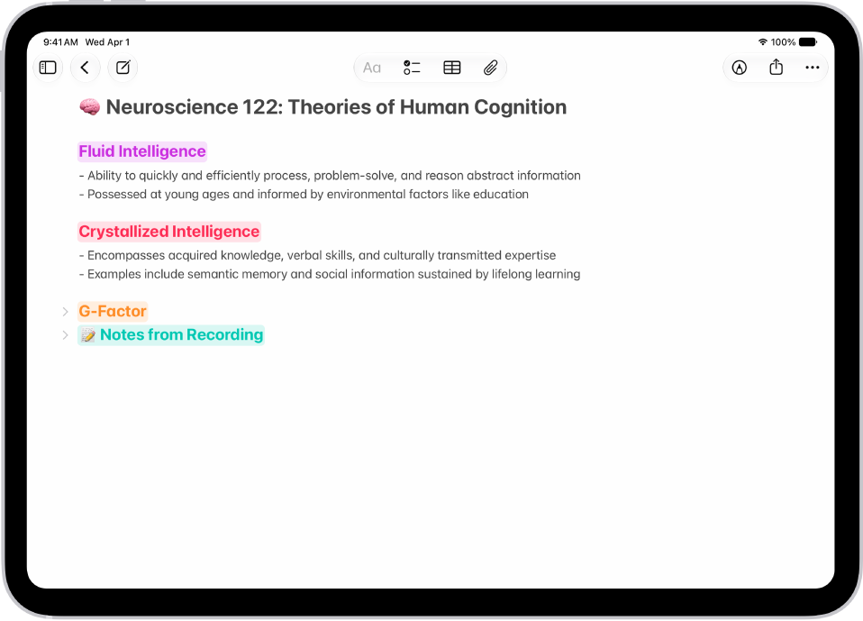 A note in the Notes app, with collapsible headings at the top of the screen.