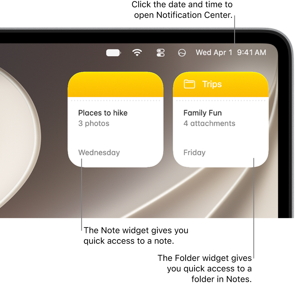 Two Notes widgets—the Folder widget shows a folder in Notes, and the Note widget shows a note. Click the date and time in the menu bar to open Notification Center.