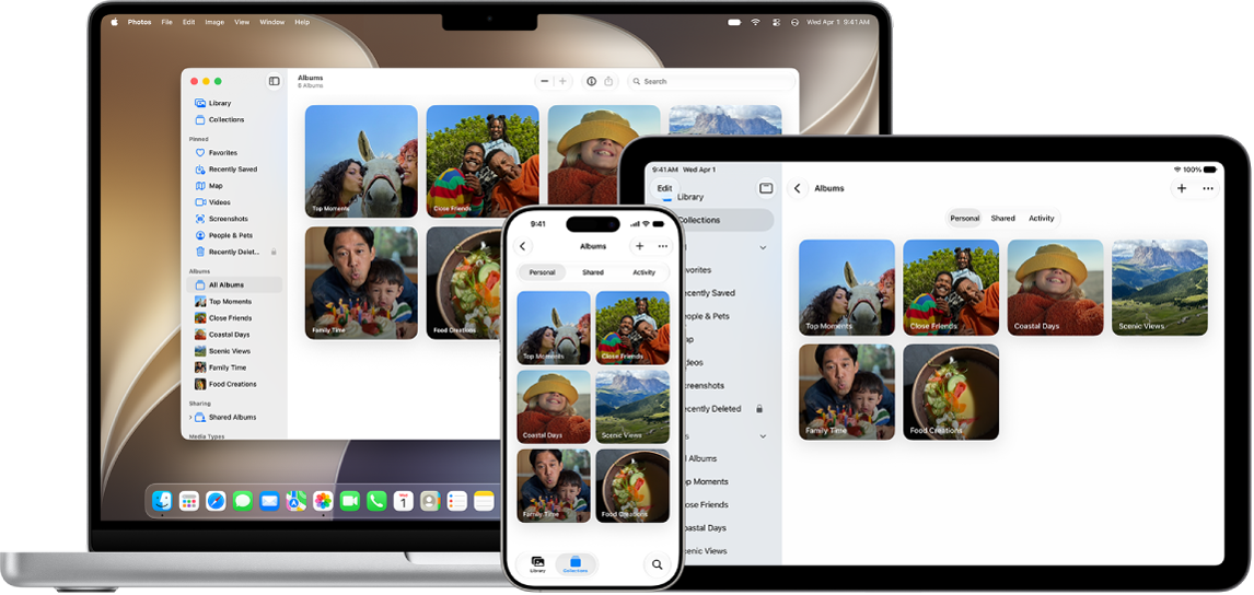 An iPhone, MacBook, and iPad all showing memories from the same photo library.