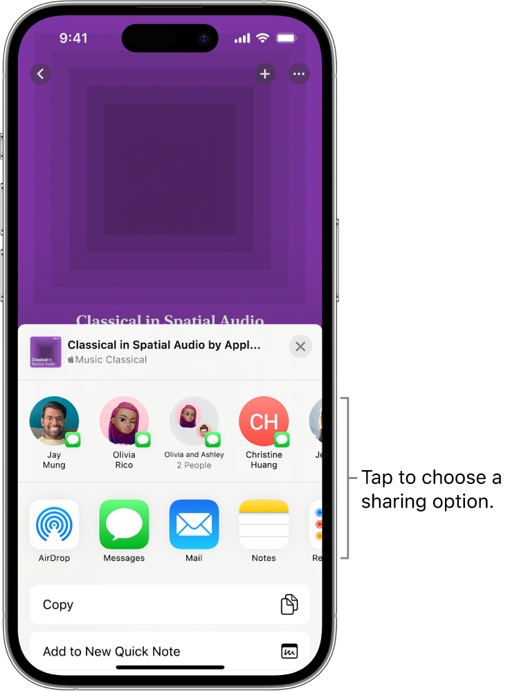 An iPhone showing a classical playlist at the top of the screen, with contacts and sharing options below.