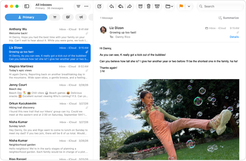 The Mail window displaying a message from the Primary message list.