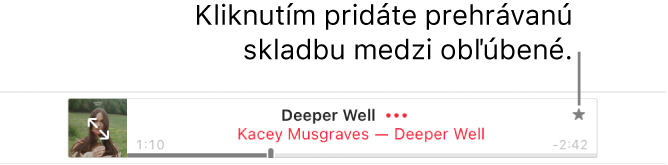 Horná časť Apple Music s playlistom skladieb. Kliknite na tlačidlo Obľúbené napravo od skladby, čím prehrávanú skladbu označíte ako obľúbenú.