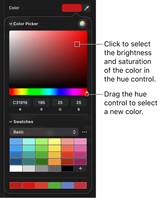 The color picker, with controls to change the saturation and hue of a color.