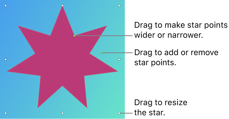 A vector graphic in the shape of a star with onscreen handles for modifying it.