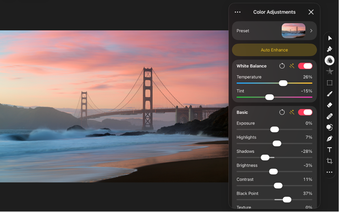 Image of a bridge in the canvas after Auto Enhance is applied, and the Color Adjustments pane on the right showing the Auto Enhance button.