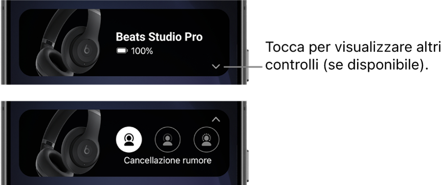 La prima immagine mostra il widget dell’app Beats con le cuffie Beats&nbsp;Studio&nbsp;Pro connesse e un pulsante per mostrare altri controlli; la seconda immagine mostra i controlli per la cancellazione del rumore nel widget.