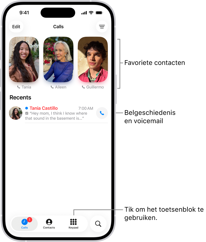 Het tabblad 'Oproepen' in de samengevoegde lay‑out van de Telefoon-app. Favoriete contacten staan bovenaan. Onder de favorieten staat een lijst met recente oproepen en voicemail. Onderaan staan de tabs 'Oproepen', 'Contacten' en 'Toetsen'. Rechtsonderin staat de zoekknop.