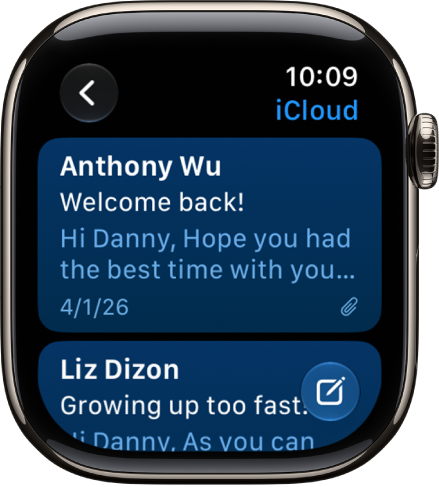 An inbox in the Mail app showing two emails. The back button is at the top-left and the compose button is at the bottom-right.