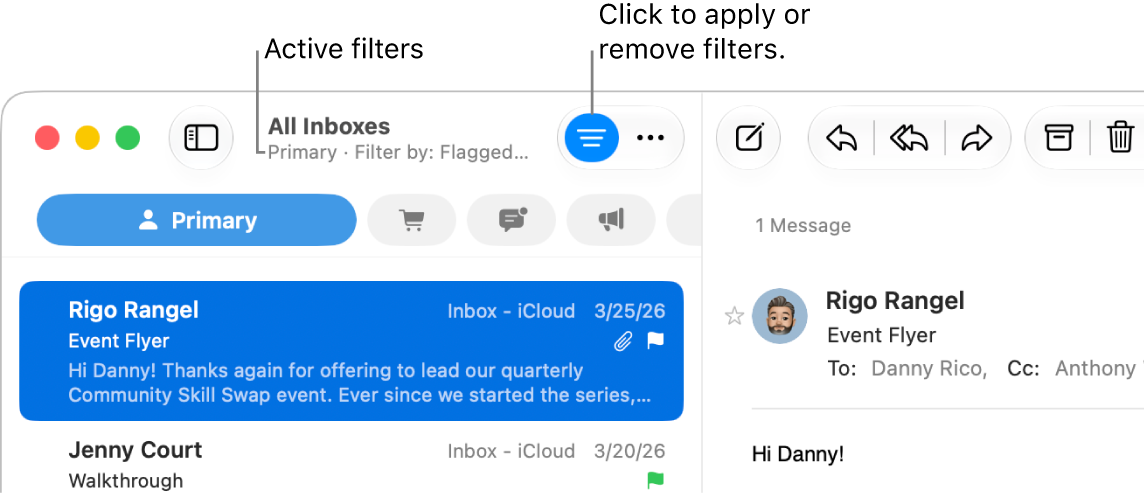 The Mail window showing the toolbar above the message list, where Mail indicates which filters, such as “Only Mail with Attachments,” are applied.