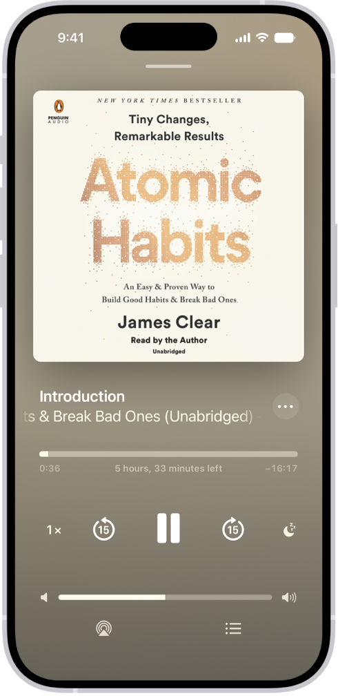 The audiobook player screen showing, from top to bottom, the audiobook cover, the name of the section that’s playing, the playhead, pause button, and the skip forward and back buttons. At the bottom is the volume slider and below that are buttons for controlling playback speed, setting a sleep timer, choosing a playback destination, and viewing a list of the book’s tracks.