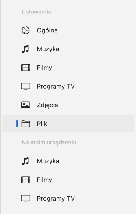 Pasek boczny z wybraną pozycją Pliki.
