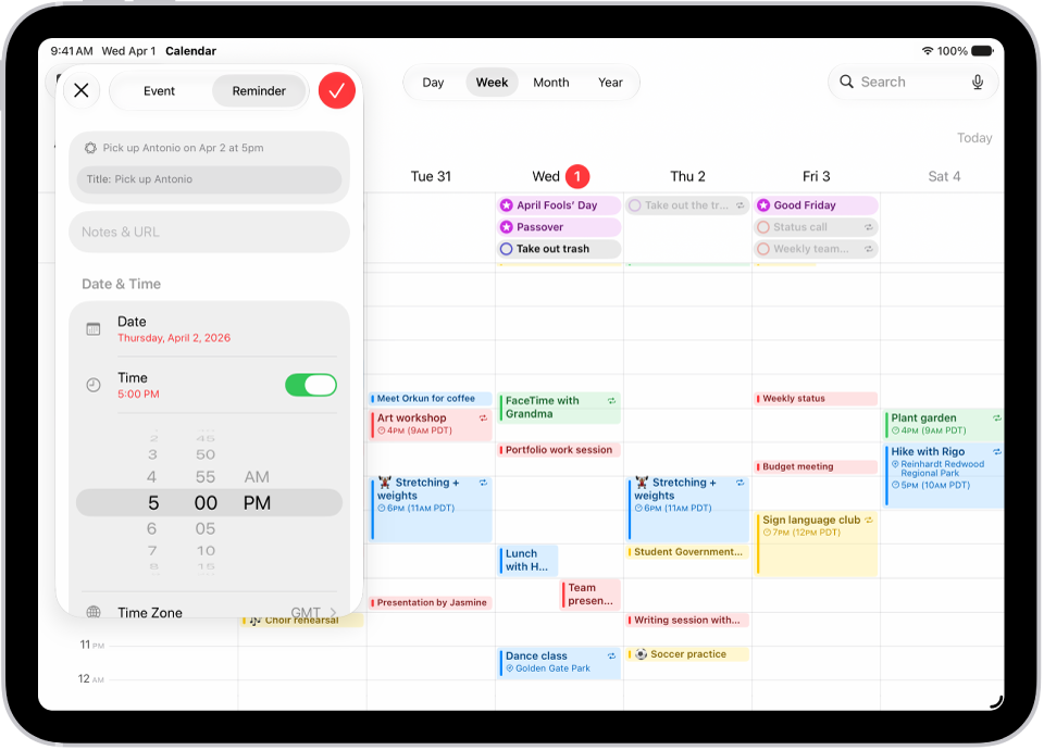 Calendário na visualização semanal, mostrando a janela de criação de lembrete.