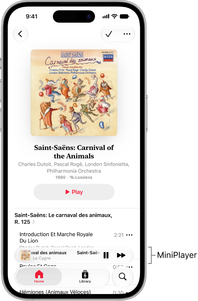 An iPhone showing the MiniPlayer in Apple Music Classical. At the top of the screen is album art and the name of the work. The MiniPlayer is near the bottom of the screen. Below the MiniPlayer are the Home, Library, and Search buttons.