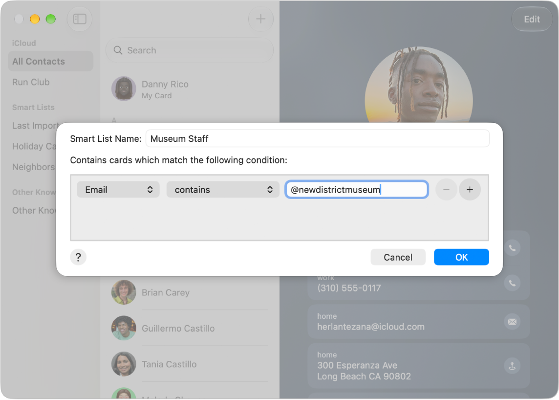 The dialog for adding a Smart List, with pop-up menus and a text field for setting a condition.