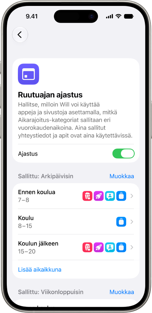 Ruutuaika-asetusten Ruutuajan ajastus -näyttö, jossa näkyy arkipäiville asetettu aikataulu. Se sisältää aikaikkunat Ennen koulua, Koulu ja Koulun jälkeen.