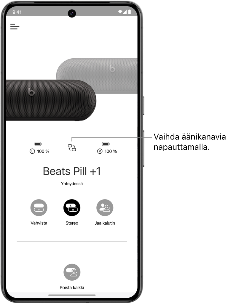 Beats-apin laitenäkymä, jossa näkyvät kaksi yhdistettyä Beats&nbsp;Pill ‑kaiutinta Vahvista-ryhmässä ja painike äänikanavien vaihtamista varten.