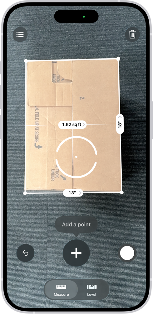 畫面顯示「測距儀」App 中一個盒子的尺寸測量資料。用盒子的尺寸測量資料計算盒子的面積。