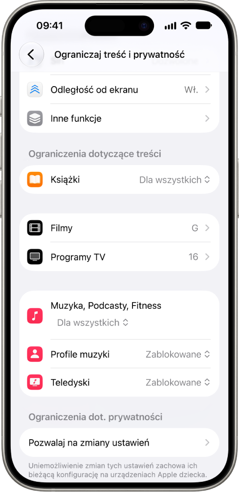 Ekran ograniczeń dotyczących treści i&nbsp;prywatności w&nbsp;ustawieniach funkcji Czas przed ekranem, na którym widoczne są opcje ograniczeń dotyczących treści z&nbsp;kategorii takich jak Książki, Filmy i&nbsp;nie tylko.