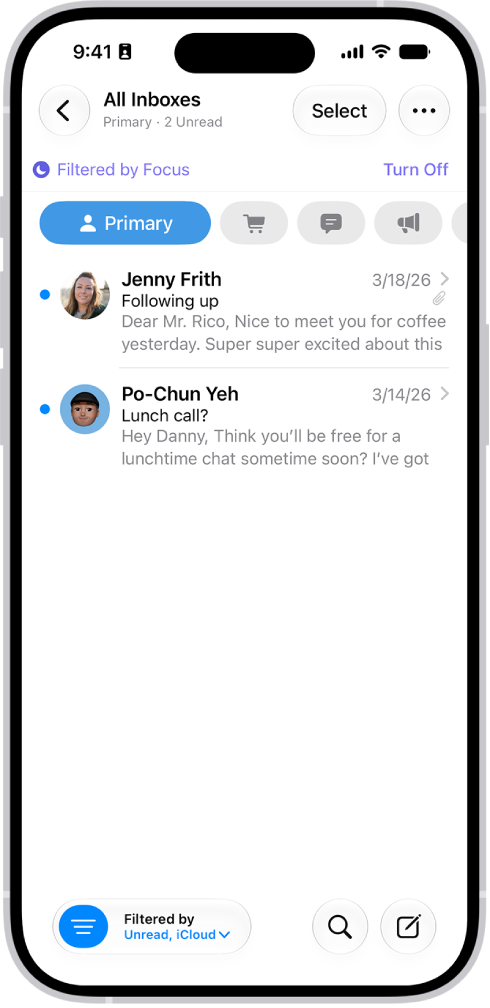 The Inbox, showing a list of messages. Above the list of messages is the label Filtered by Focus, and to the right of that it says Turn Off.