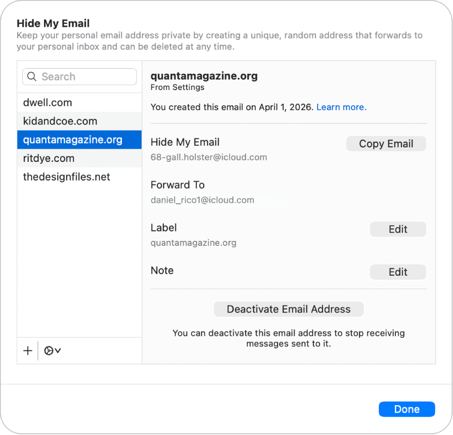 Options pour gérer les adresses e-mail créées avec «&nbsp;Masquer mon adresse e-mail&nbsp;».