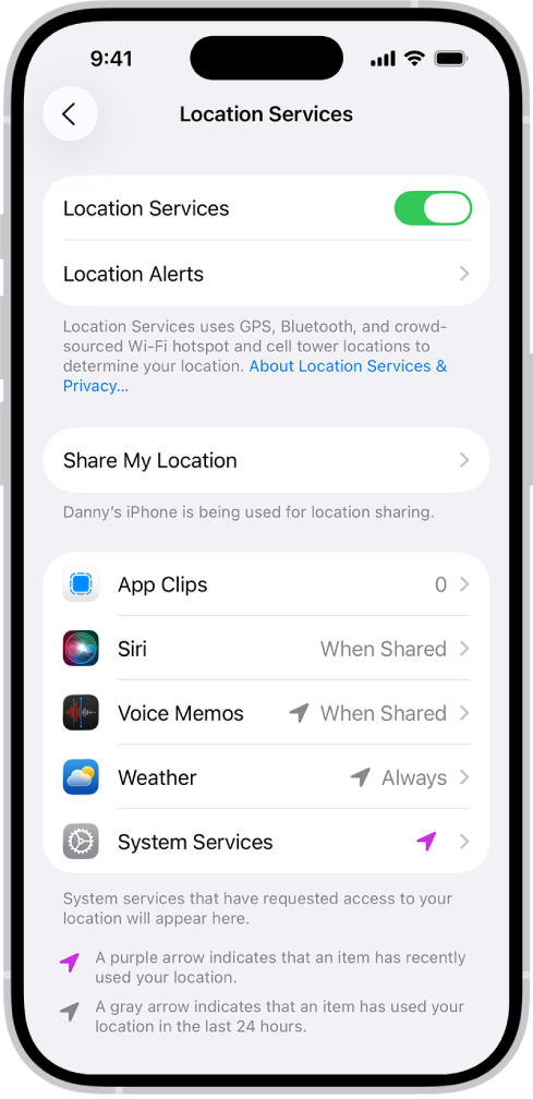 Ecranul Servicii de localizare, cu configurări pentru partajarea localizării iPhone‑ului cu aplicațiile.