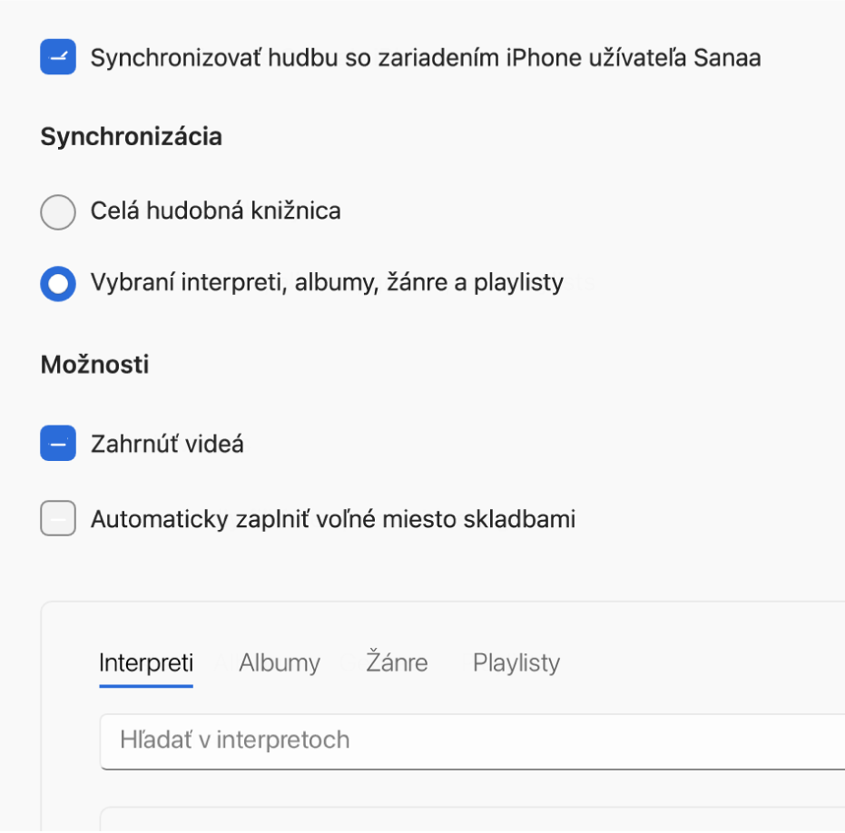 Okno apky Apple Devices s možnosťami synchronizácie hudby.