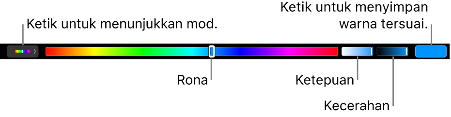 Touch Bar menunjukkan rona, ketepuan dan kecerahan gelangsar untuk mod HSB. Di hujung kiri adalah butang untuk menunjukkan semula mod; di sebelah kanan, butang untuk menyimpan warna tersuai.