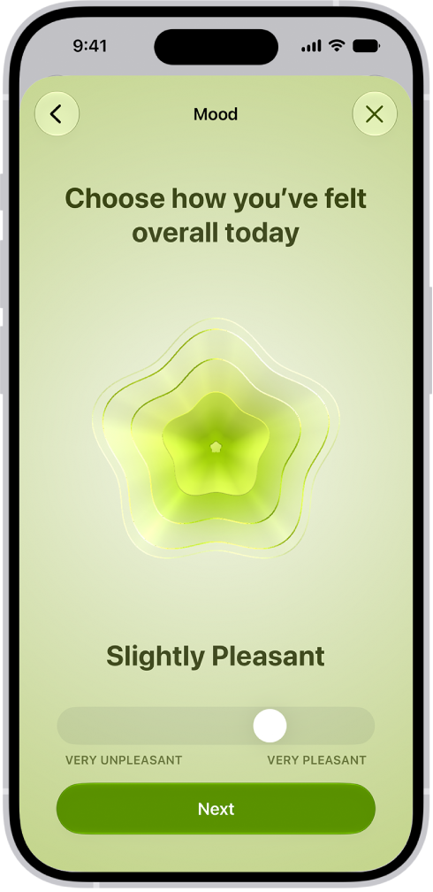A screen in the Health app identifying the current mood as Slightly Pleasant. At the bottom of the screen is a slider to adjust the level of the emotion.