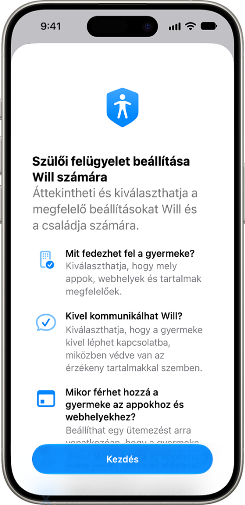 A szülői felügyelet beállítása képernyő a kezdéshez szükséges lehetőségekkel.